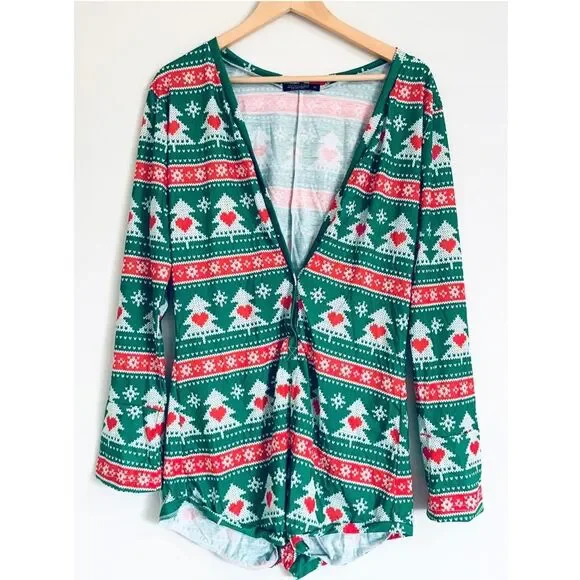 Yandy Green Christmas Tree Romper Pajamas Sleepwear Button Size XL - Picture 3 of 9